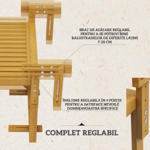 Masă Suspendată de Exterior, Masă Reglabilă pentru Balustradă, Blat Suport cu Montare pe Perete, 68x65x40,5-55 cm, Tec - Img 4
