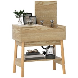 Măsuță de Sufragerie cu 2 Prize CA, Porturi USB, Raft Rabatabil și Raft Deschis, 30x60x60,5 cm, Natural - Img 1