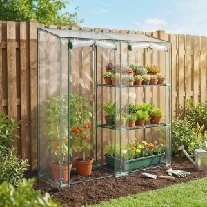 Mini Seră cu 3 Rafturi, 2 Uși Rulabile, Seră pentru Grădină cu Cadru din Oțel și Acoperire din Plastic pentru Plante, Legume, Flori, Fructe, Anti UV, 143x45x151 cm, Transparentă - Img 9