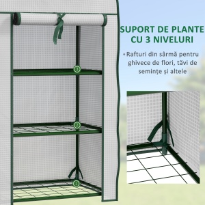 Mini Seră pe 3 Nivele cu Acoperiș PE Întărit, Seră Portabilă cu Ușă Rulantă și Rafturi din Sârmă, 59x39x127 cm, Alb - Img 5
