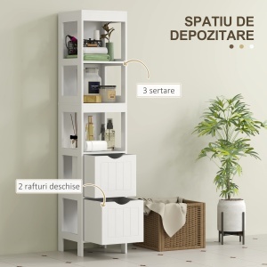 Mobilier de Baie cu 3 Rafturi Deschise și 2 Sertare, 30x30x141.2 cm, Alb - Img 4