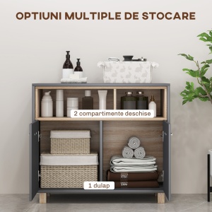 Mobilier de Baie cu Rafturi Deschise și Dulăpior cu 2 Uși, Dulap de Baie Spațios cu Mânere, 80x35x70 cm, Gri - Img 4