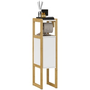 Mobilier de Baie cu Suport pentru Hârtie Igienică, Dulap și Raft, Dulap Compact din Bambus, 20x33x80 cm, Alb - Img 1