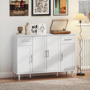 Mobilier de Sufragerie, Credență cu 2 Sertare și 3 Dulapuri cu Rafturi Reglabile, Comodă cu Picioare din Pin pentru Sala de Mese și Bucătărie, 120x38x86 cm, Alb - Img 2