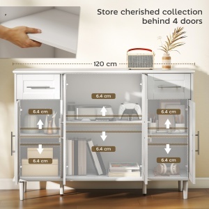 Mobilier de Sufragerie, Credență cu 2 Sertare și 3 Dulapuri cu Rafturi Reglabile, Comodă cu Picioare din Pin pentru Sala de Mese și Bucătărie, 120x38x86 cm, Alb - Img 4