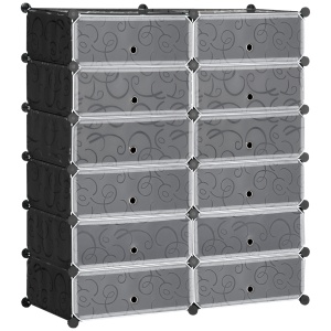 Mobilier pentru incaltaminte modular, 12 cuburi 45x35x16cm din plastic PP si otel, negru si alb - Img 1
