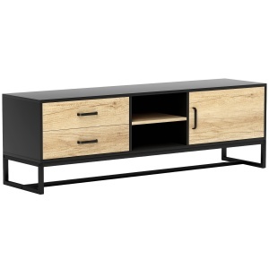 Mobilier pentru TV de 60" cu Dulăpior, 2 Sertare și Rafturi Deschise Reglabile, 140x35x45 cm, Lemn Natural - Img 1