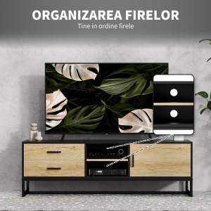 Mobilier pentru TV de 60" cu Dulăpior, 2 Sertare și Rafturi Deschise Reglabile, 140x35x45 cm, Lemn Natural - Img 6