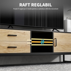 Mobilier pentru TV de 60" cu Dulăpior, 2 Sertare și Rafturi Deschise Reglabile, 140x35x45 cm, Lemn Natural - Img 8