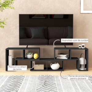 Mobilier TV 75" cu 2 Rafturi în Formă de L și Raft Dreptunghiular, 134-180x30,5x44 cm, Negru - Img 7