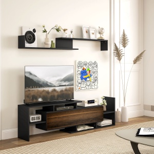 Mobilier TV cu Raft de Perete, Rafturi Deschise și Dulăpior din Lemn, 153,6x25x42 cm, Negru - Img 2