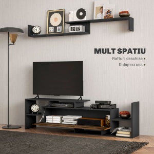 Mobilier TV cu Raft de Perete, Rafturi Deschise și Dulăpior din Lemn, 153,6x25x42 cm, Negru - Img 5