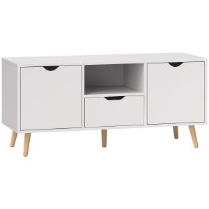 Mobilier TV de 50" cu Sertar, Raft Deschis și 2 Dulapuri, Mobilier TV cu 5 Picioare din Lemn, 110x40x50 cm, Alb - Img 1