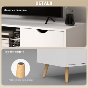 Mobilier TV de 50" cu Sertar, Raft Deschis și 2 Dulapuri, Mobilier TV cu 5 Picioare din Lemn, 110x40x50 cm, Alb - Img 5
