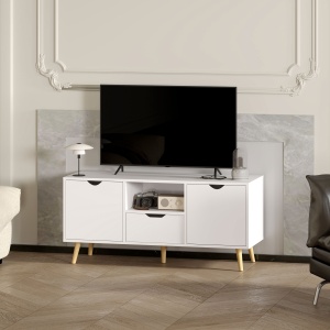 Mobilier TV de 50" cu Sertar, Raft Deschis și 2 Dulapuri, Mobilier TV cu 5 Picioare din Lemn, 110x40x50 cm, Alb - Img 8
