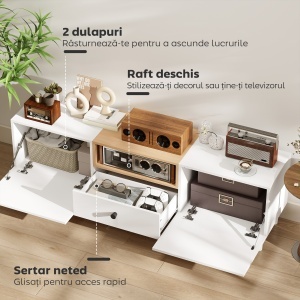 Mobilier TV, Suport TV până la 70" cu 2 Uși Rabatabile, Balamale Soft Close, Sertar, Raft Deschis, 8 Picioare, 150x35x45 cm, Alb și Lemn - Img 4