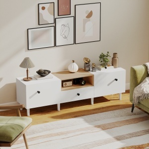 Mobilier TV, Suport TV până la 70" cu 2 Uși Rabatabile, Balamale Soft Close, Sertar, Raft Deschis, 8 Picioare, 150x35x45 cm, Alb și Lemn - Img 9