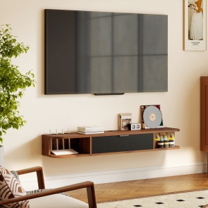 Mobilier TV Suspendat, Suport TV Până la 50" cu Sertar Rabatabil, 2 Rafturi Deschise și Orificiu pentru Cabluri, Mobilier pentru Televizor pentru Sufragerie, Dormitor și Sală de Stat, 120x24x16 cm, Nuc - Img 9