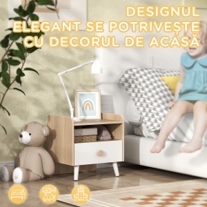 Noptieră cu Sertar pentru Copii 3-10 Ani, cu Design Minimalist pentru Dormitor, 40x32,5x40 cm, Lemn Natural - Img 5