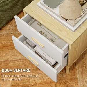 Noptieră Modernă din Lemn cu 2 Sertare 40x40x50 cm Stejar - Img 5
