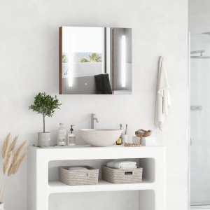 Oglindă de Baie cu Lumini LED Reglabile, Dulap de Baie cu 2 Uși cu Oglindă și Raft Reglabil, 70x15x65 cm, Maro - Img 2