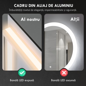Oglindă de Baie LED cu Ramă, Anti-Abur, 3 Temperaturi de Culoare și Memorie, 80x60x4 cm, Transparent - Img 7