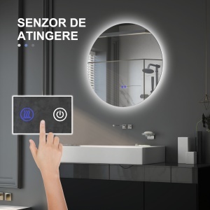 Oglinda de Baie Rotunda cu Lumina LED in 3 Culori si intrerupatoare Touch, Ø70x3.5 cm, Transparent - Img 4