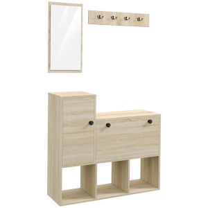 Organizator Intrare 3-în-1, Bancă cu Depozitare Pantofi, Oglindă și Cuier/Rafturi pentru Hol, Mobilier Multifuncțional - Img 1