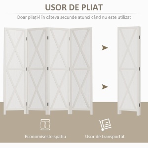 Paravan Interior cu 4 Panouri Pliabile din Lemn, 182x170 cm, Alb - Img 4