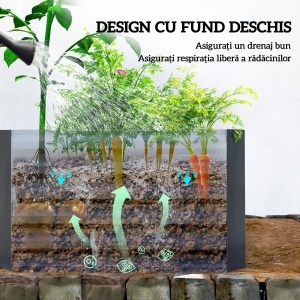 Pat de Grădină Ridicat pentru Exterior cu Fund Deschis și Bare de Susținere, Jardinieră din Oțel Galvanizat, pentru Flori, Legume, Balcon sau Grădină, 180x90x57,5 cm, Gri Închis - Img 6