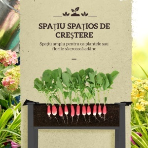 Pat pentru Grădină Ridicat cu Acoperiș din PE, Jardinieră Ridicată din Brad cu 4 Găuri de Drenaj, pentru Flori și Legume, pentru Grădină, Balcon, 121x55x117 cm, Gri Închis - Img 7