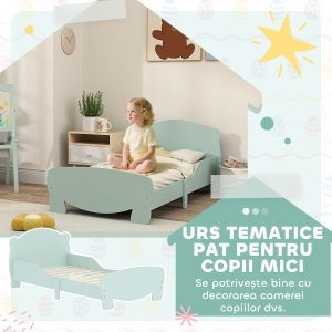 Pătuț pentru Copii cu Tăblie și Suport în Formă de Ursuleț și 2 Bare Laterale, Verde - Img 6