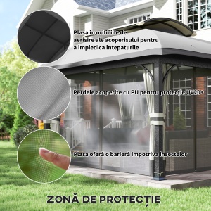 Pavilion de Grădină cu Perdele, Plasă, Acoperiș Ventilat și Cadru Metalic Galvanizat, 395x330x294 cm, Gri - Img 5