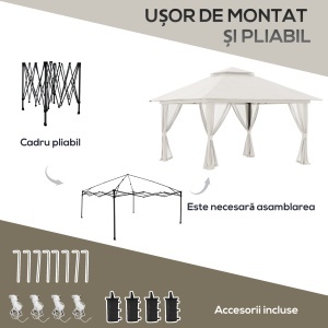 Pavilion Pliabil Pop-Up 4x4 m cu Înălțime Reglabilă pe 3 Niveluri, Pavilion Exterior cu Plasă de Țânțari, Saci de Nisip, Geantă de Transport, UV50+, pentru Grădină Camping Petreceri, Crem - Img 5