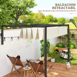 Pergolă 3 x 4m Montată pe Perete, Pergolă Metalică cu Acoperiș Retractabil pentru Grătar, Grădină, Terasă, Deck - Img 5