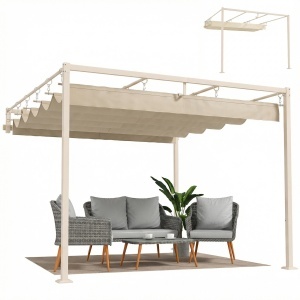 Pergolă de perete pentru grădină 3x3 m cu acoperiș retractabil, protecție UPF30+, drenaj, pavilion de grădină pentru exterior, bej - Img 7