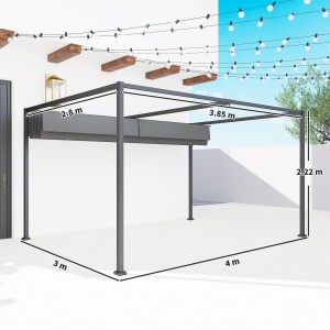 Pergolă Gazebo 4x3 m cu Acoperiș Retractabil, Orificii de Drenaj, Țepușe și Șuruburi, Pergolă pentru Grădină din Poliester și Metal, Gri Închis - Img 3