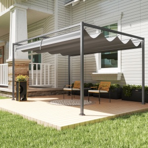 Pergolă Gazebo 4x3 m cu Acoperiș Retractabil, Orificii de Drenaj, Țepușe și Șuruburi, Pergolă pentru Grădină din Poliester și Metal, Gri Închis - Img 7