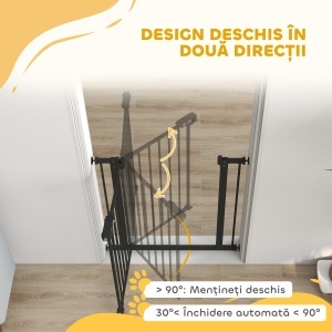 Poartă de Siguranță pentru Câini cu 2 Extensii, Lățime Reglabilă și Închidere Automată, 74x77cm, Negru - Img 5