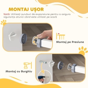 Poartă Extensibilă pentru Câini cu Montare prin Presiune, Barieră Închidere Automată și Extensie, 86x76.2 cm, Alb - Img 7