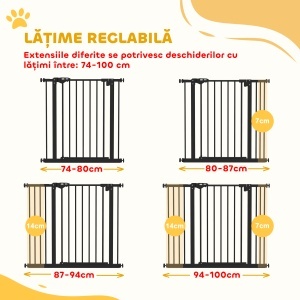 Poartă Extensibilă pentru Câini fără Șuruburi, Poartă de Siguranță Reglabilă cu 2 Extensii, 68x72 cm, Negru - Img 4
