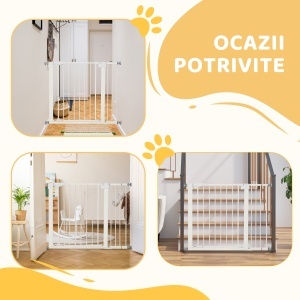 Poartă pentru Câini de Talie Mică și Medie cu Dublă Încuietoare și Închidere Automată, 76-103x4.2x77 cm, Alb - Img 5