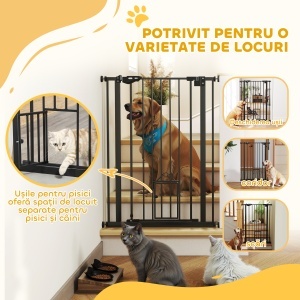 Poartă Reglabilă pentru Câini cu Ușă Mică și Montare prin Presiune, 74-80x104.1 cm, Negru - Img 7