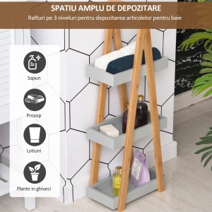 Raft pentru baie din MDF si bambus, 30x18x81cm, gri - Img 5
