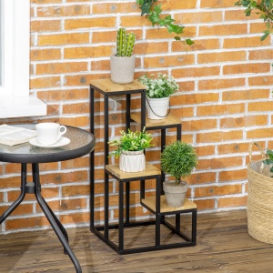Raft pentru Plante cu 4 niveluri din Metal și Lemn de Brad pentru Interior și Exterior, 34x34x66 cm, Natural - Img 2
