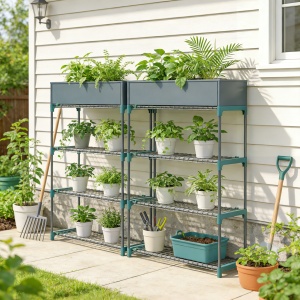 Raft pentru Plante pe 4 Niveluri, Set de 2 Suporturi pentru Plante, din Oțel cu Catarame pentru Montaj Ușor, Expunere Ghivece Grădină și Balcon, 90x28x104 cm - Img 9