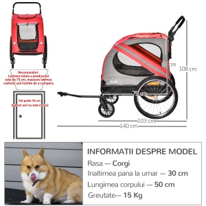Remorca de bicicleta pentru caini 2-in-1 Carucior animal de companie Carucior bicicleta Atas de calatorie cu cadru de otel cu reflectoare universale de roti si steag rosu - Img 3
