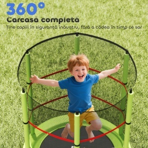 Saltea Elastică pentru Copii 3-6 Ani cu Plasă de Protecție, 6 Stâlpi și 3 Intrări, Ø140x190 cm, Verde - Img 7