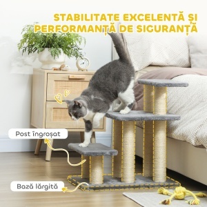 Scară pentru Câini și Pisici cu 3 Trepte din Pluș și Stâlpi Zgâriători din Sisal, Capacitate 10 kg, Gri - Img 4