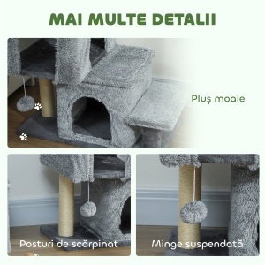 Scara pentru Pisici cu 4 Trepte Reglabile, 2 Căsuțe și Stâlp pentru Zgâriat Gri - Img 6